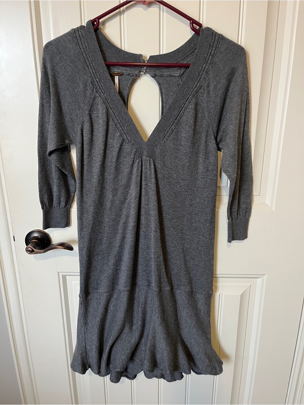 Free People Charcoal Gray V-Neck Long Sleeve Knit Dress